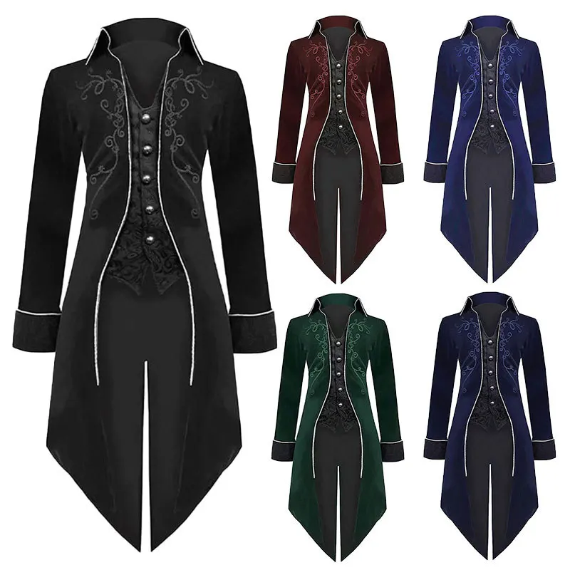 

Men's Medieval Embroidery Jacket Steampunk Gothic Tailcoat Vintage Victorian Tuxedo Carnival Uniform Party Trench Coat