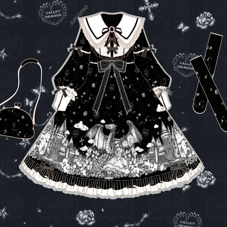 Lolita Dress Sweety Girly Diablo Style Peter Pan Collar Cute Bow Kawaii Ruffles Full Sleeve Printing Gothic
