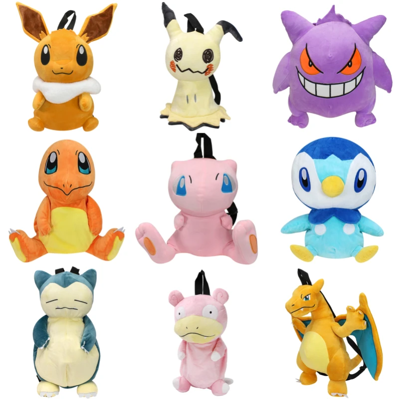 Kawaii Pokemon Mimikyu Snorlax Gengar Charizard Eevee Plush Backpack Toys Charmander Piplup Mew Slowking Peluche Schoolbag Dolls