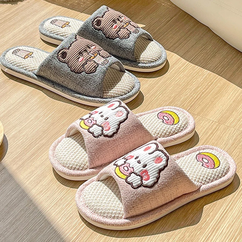 Litfun Summer Lovely Cartoon Slippers For Women Comfort Soft Bottom Open Toe Linen Slippers Ladies Cute Animals Home Flat Slides 2