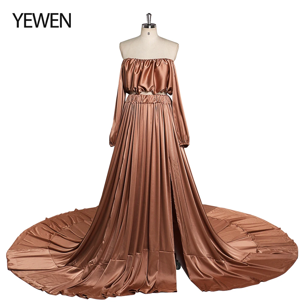 

Soft Satin 2 Piece Set Maternity Photo Dhoot Dresses Long Sleeves Side Slit Fancy Photography Dresses Props YEWEN YD1801