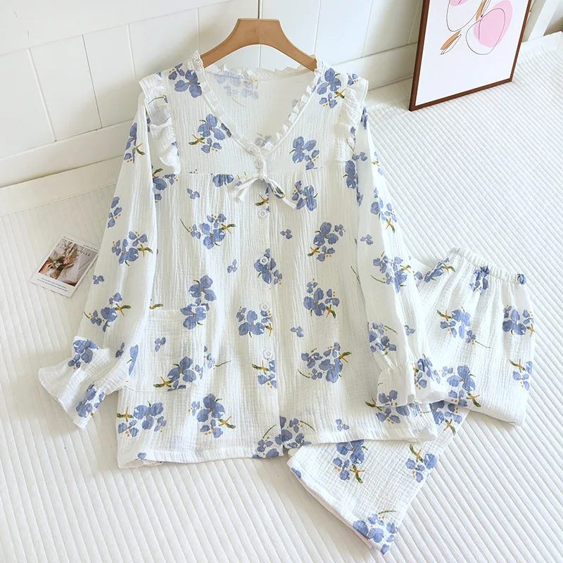 2023 Spring/Summer New Women's Pajamas Long Sleeve Long Pants Two Piece Cotton Crepe Casual Simple Home Furnishing Set Ladies