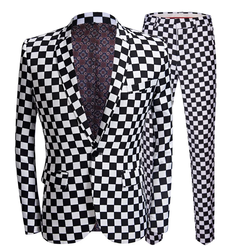 Elegant Men's Casual High-end Black White Tartan Plaid Party