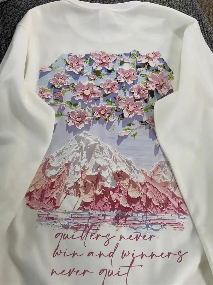 Stereoscopic Sakura Pullover Cotton Women Men Loose Tops Flower Oil Painting Clothing Korean Fashion Tshirt INS 2022 New