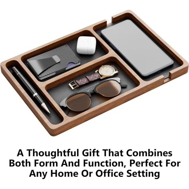 Wooden Office Desktop Storage Box with Solid Wood Grid for Glasses Mobile Phone Earphones and Sundries Wooden Storage Tray 4