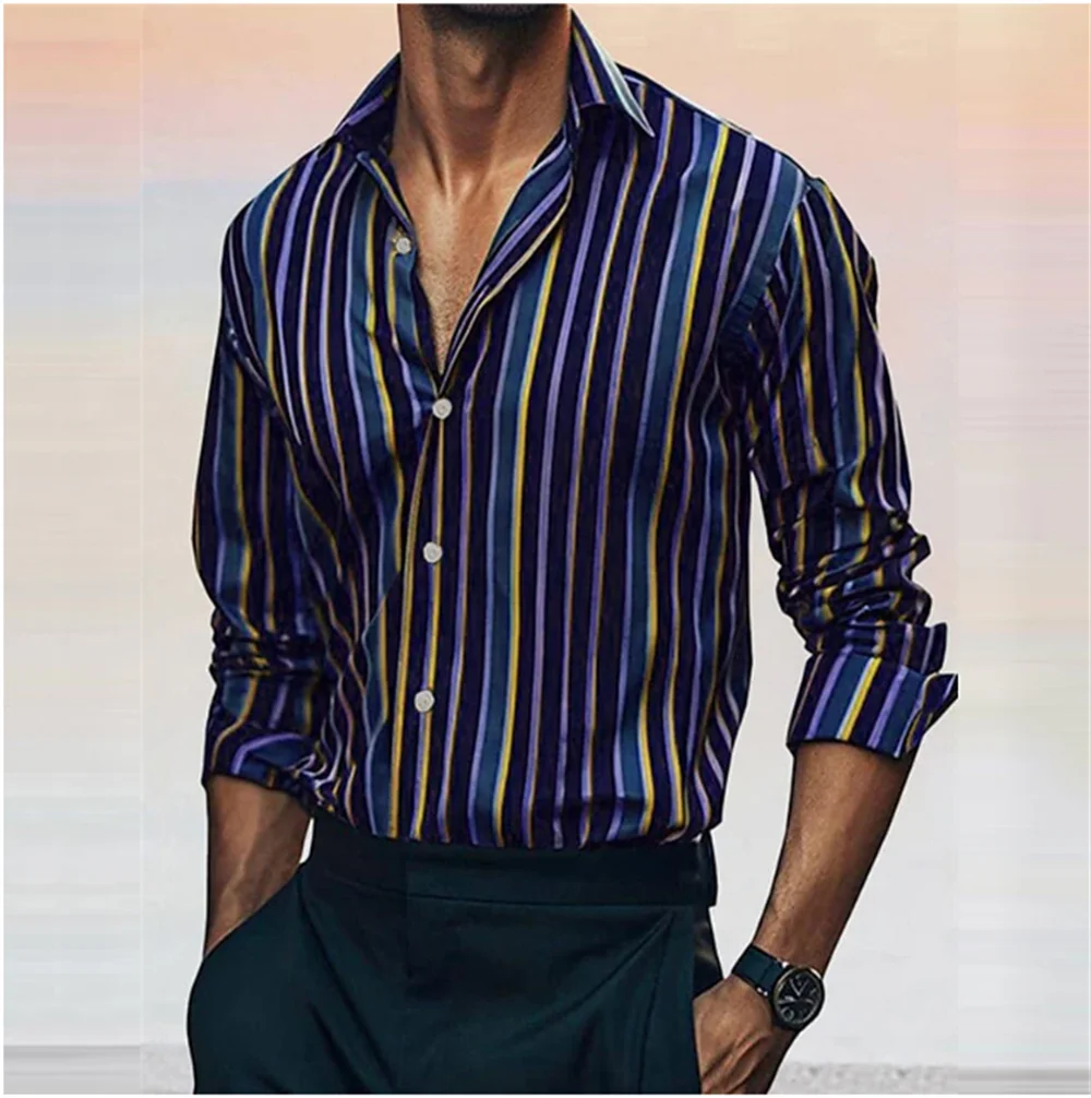 Men's Shirt Buttoned Casual Shirt Striped Summer Beach Shirt Long Sleeve Buttoned Lapel Everyday Resort Comfort Top