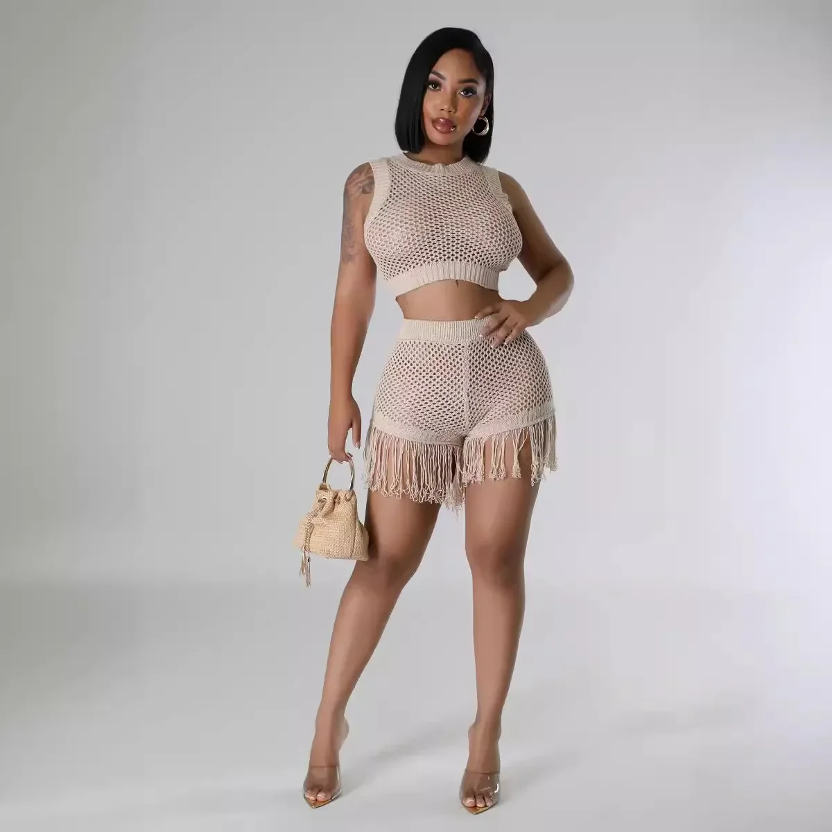 Knit Ribbed Crochet Women's Set O-neck Vest and Tassel Shorts Sets 2024 Summer Street Two 2 Piece Sets Outfits Tracksuit