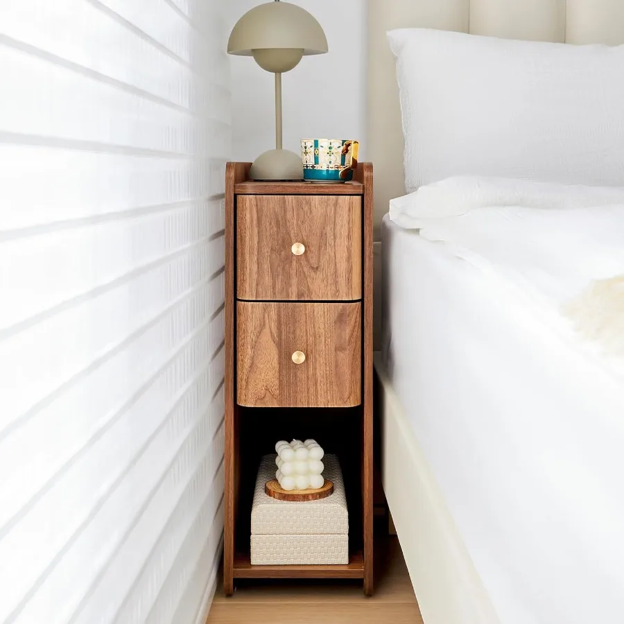 Narrow Nightstand Set of 2 Wooden Small 2 Drawer Nightstand Slim Side End Table Skinny Bedside Table Mid Century Modern Night S