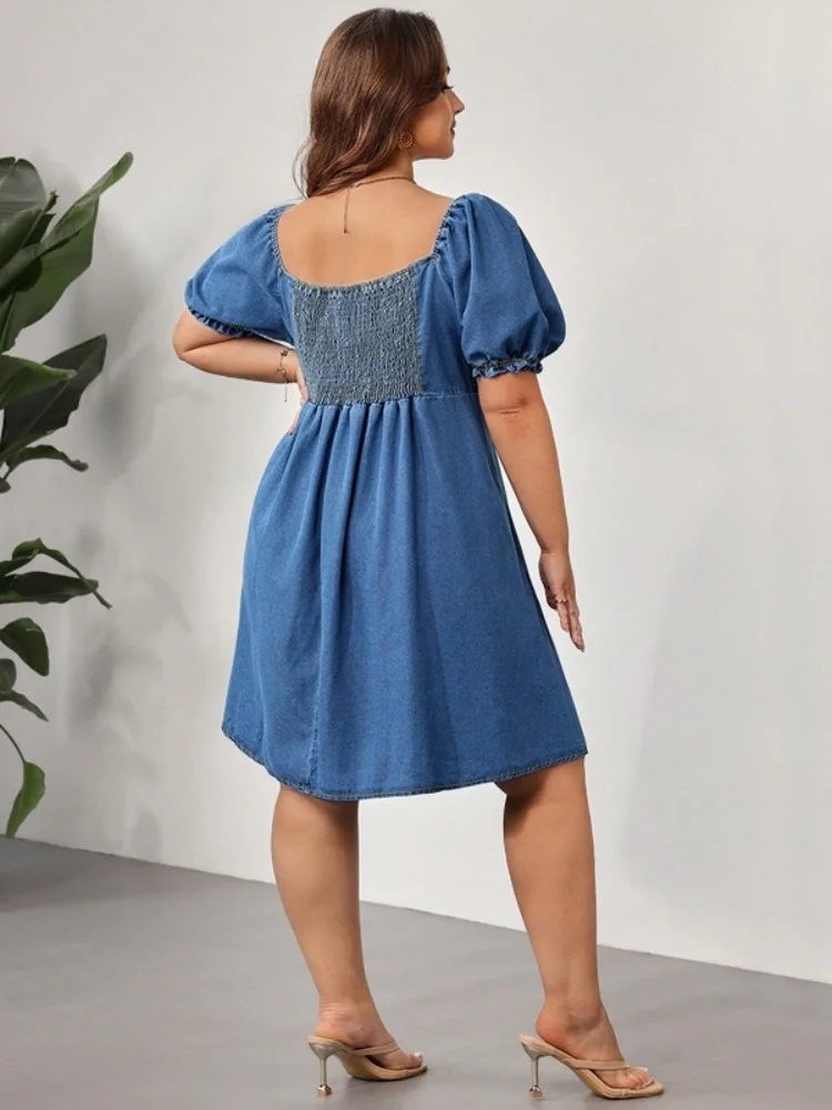 Wmstar Plus Size Denim Dresses Women Wholesale New European American Summer Short Sleeved Elastic Mid Length Dress Elegant Woman