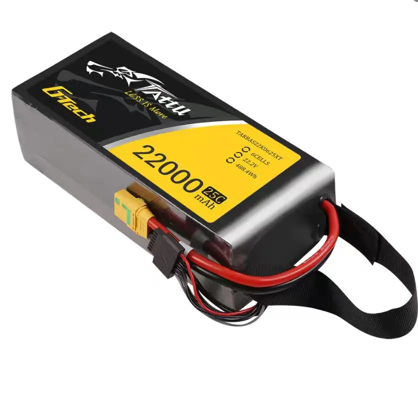 Batterie Lipo Tattu 22000mAh pour drone agricole FPV, vue latérale montrant l'épaisseur et les étiquettes.
