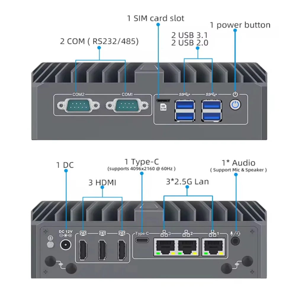 Partaker Industrial PC 14th Gen Ultra 5 125U Ultra 7 155U Win11 Pro 4K 3 x HD 3 x LAN Type-C Digital Signage Fanless AI Mini PC 6