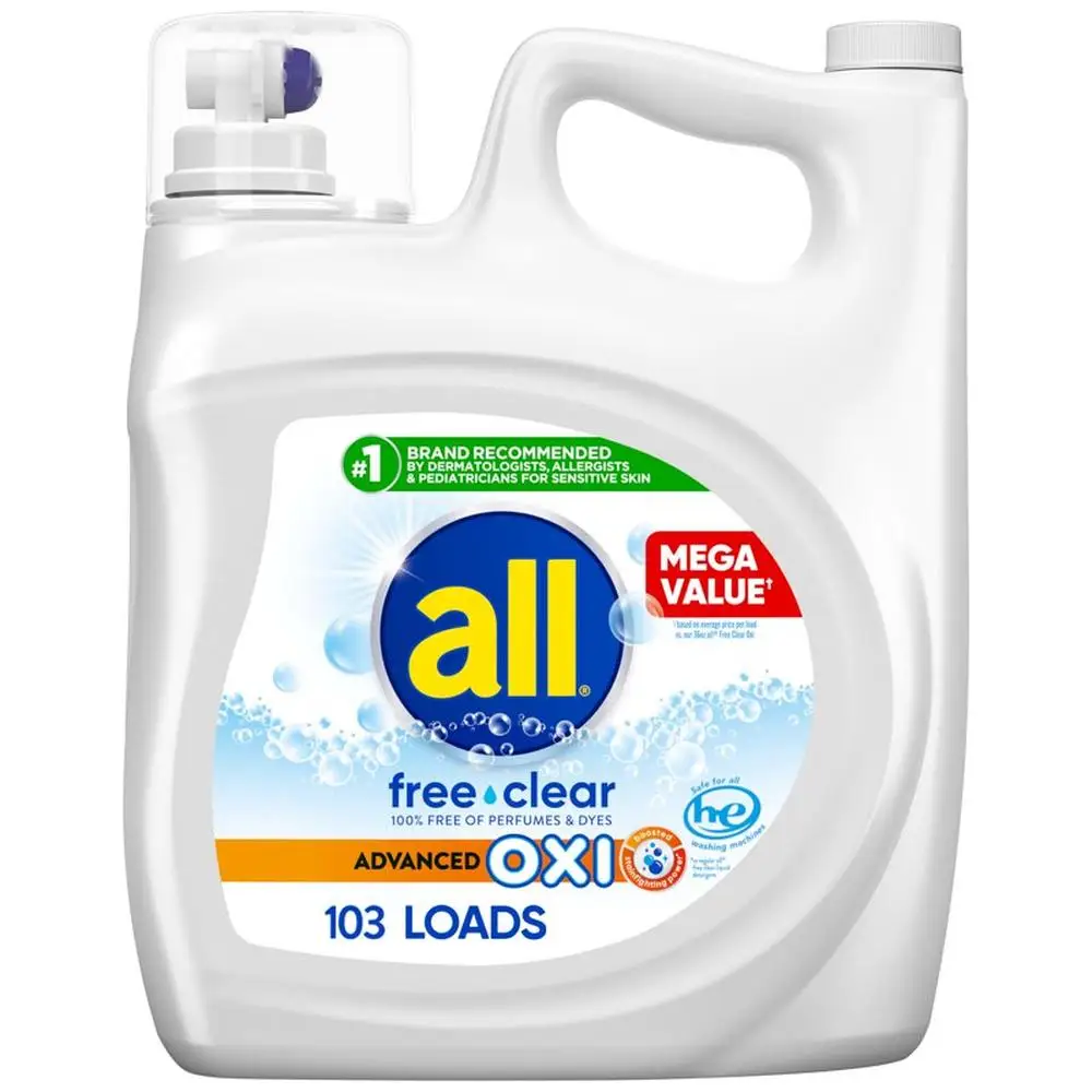 All Free Clear Oxi Laundry Detergent Liquid 184.5oz 103 Loads Hypoallergenic Gentle Skin Stain Fighter White Brighten Sensitive