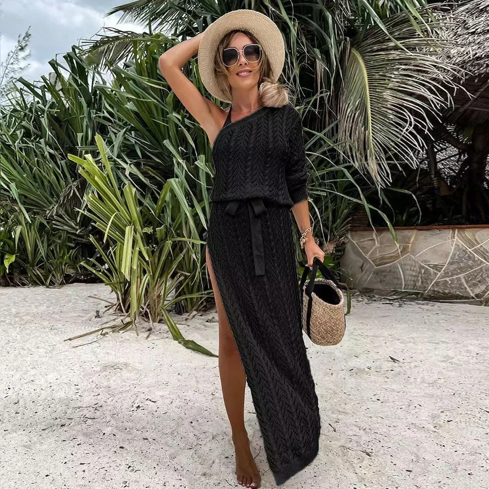 2024 Bikini Cover-ups White Crochet Tunic Cover-ups Sexy See Through Sleeveless Mesh Dress Women Summer Clothes Beach Wear Beach