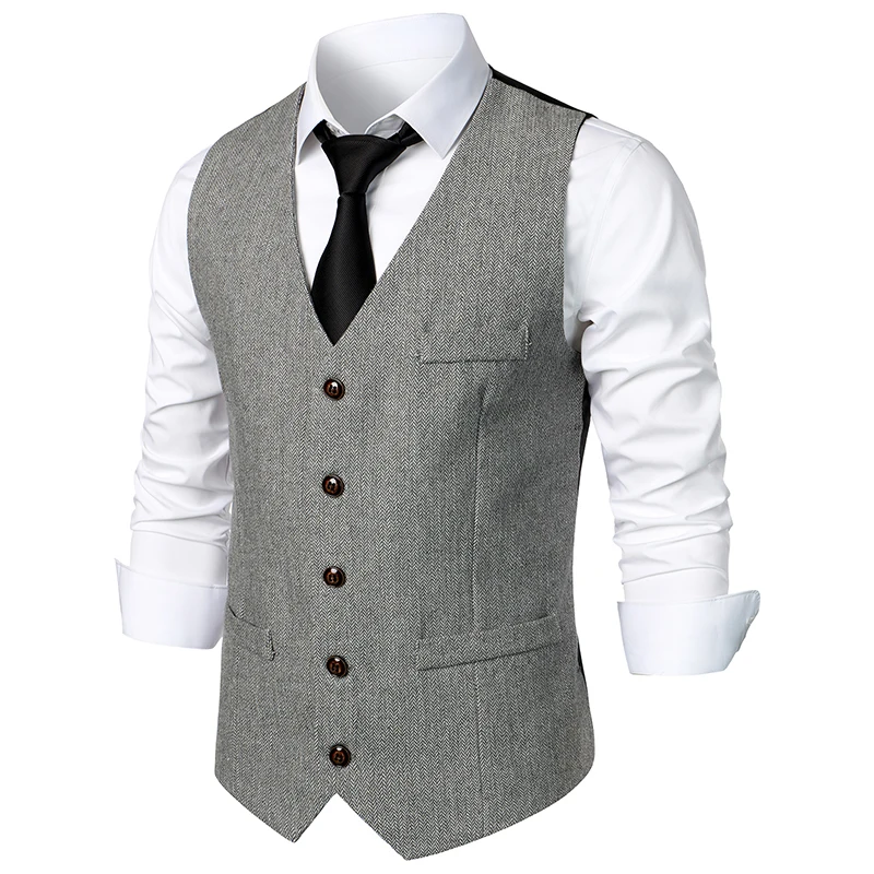 Mens Vest Slim Fit Sleeveless Wool Tweed Waistcoat Men Double Breasted Herringbone Tweed Vest Men Business Casual Gilet XXL dress vests