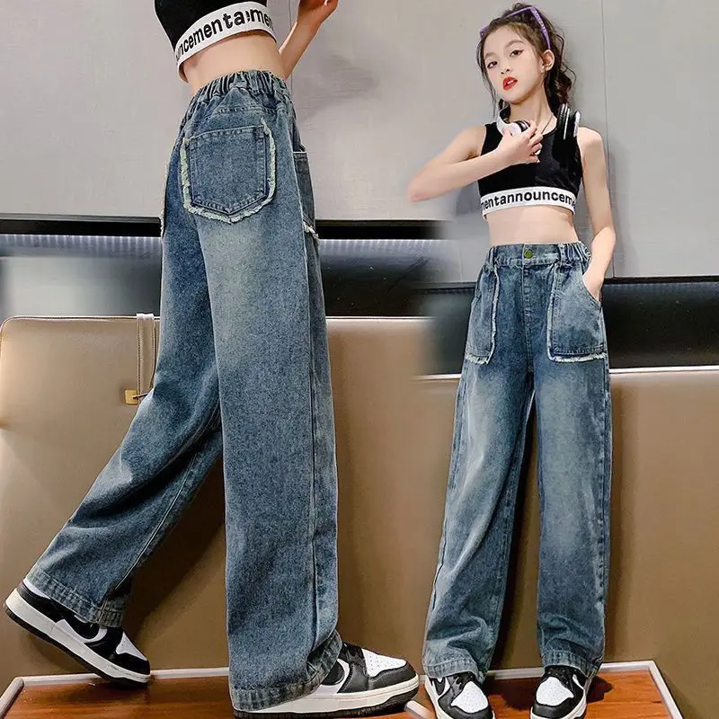 용수철 십대 소녀 데님 와이드 레그 팬츠, 어린이 바지, 캐주얼 청바지, 4, 6, 8, 10, 11, 12, 13 세 아동복, 여름