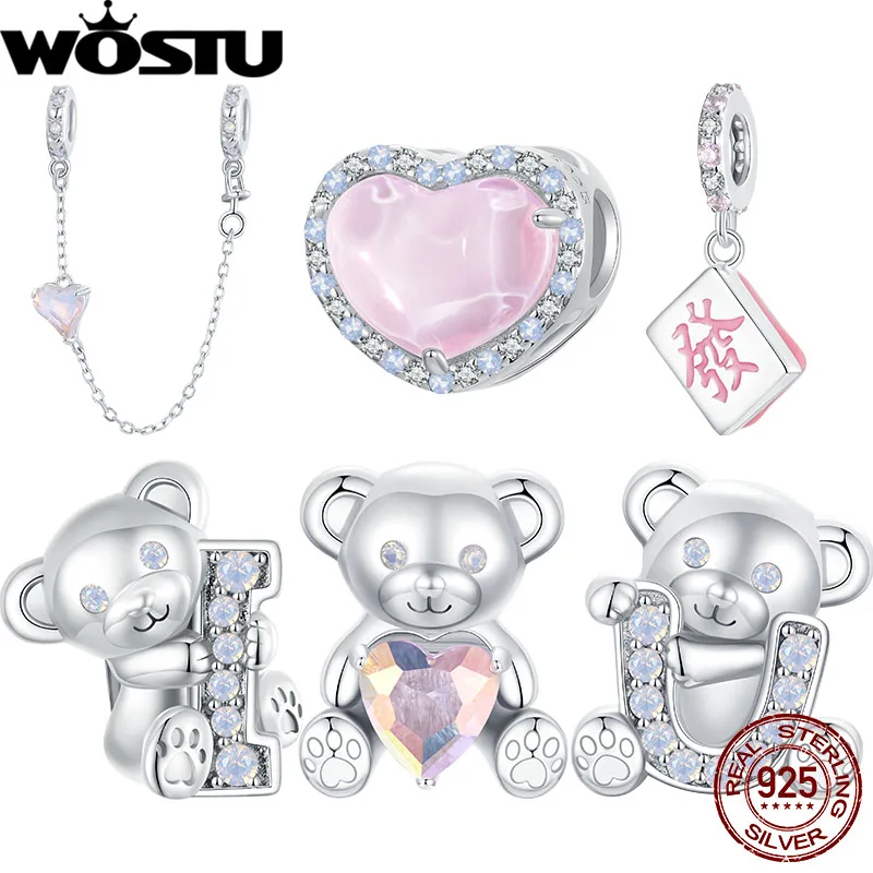 Wostu 925 Sterling Silver "I Love U" Bear Charm Pink Heart Beads Opal Silicone Catena Di Sicurezza Fit Braccialetto Originale Regalo Di San Valentino