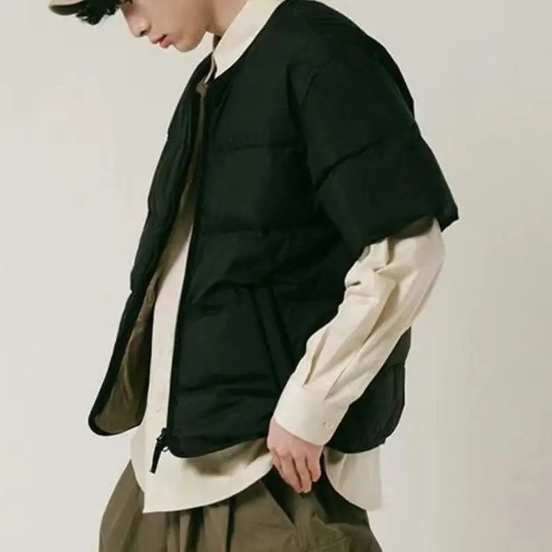 Japanese Couple Short Sleeved Cotton Padded Jacket for Autumn Winter New Warm Collarless Zipper Vest Parkas Men Trendy Outerwear - Image 4