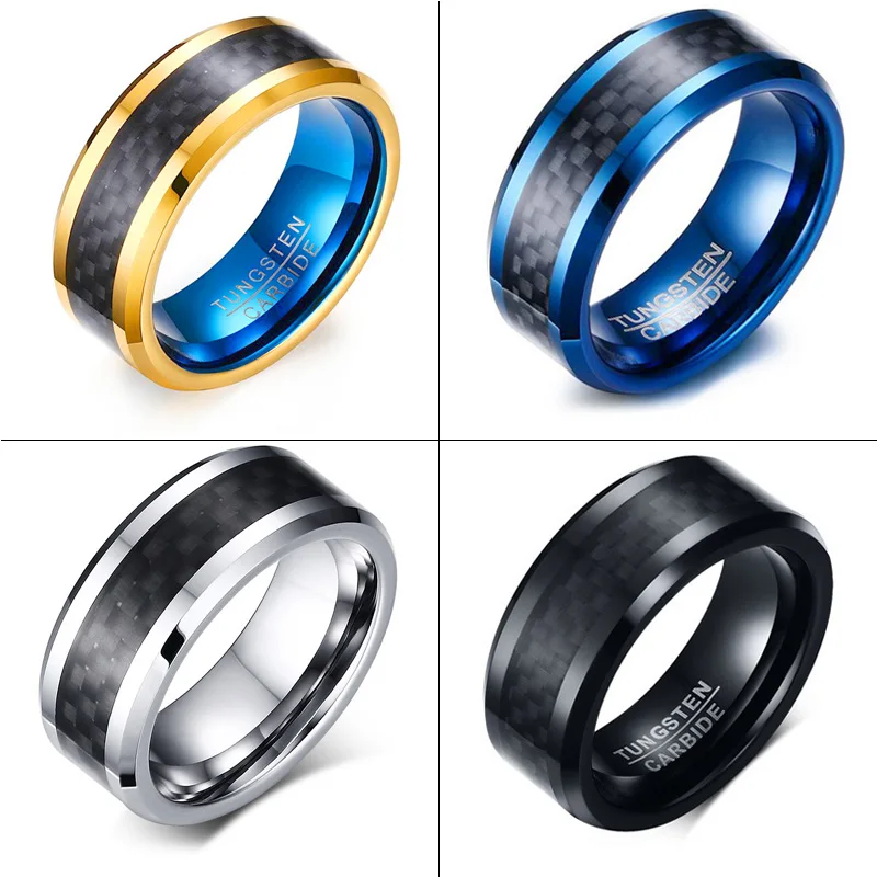 

Men Women Black/Gold/Blue/Silver Carbon Fiber Inlay Tungsten Carbide Ring Wedding Band Polished Finish Edges Ring Comfort Fit