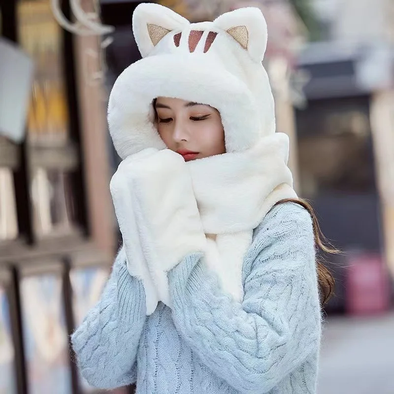 New Cat Plush Hat Scarf Gloves Three Piece One Piece Hat Women's Versatile Fall Winter Thickened Warm 4