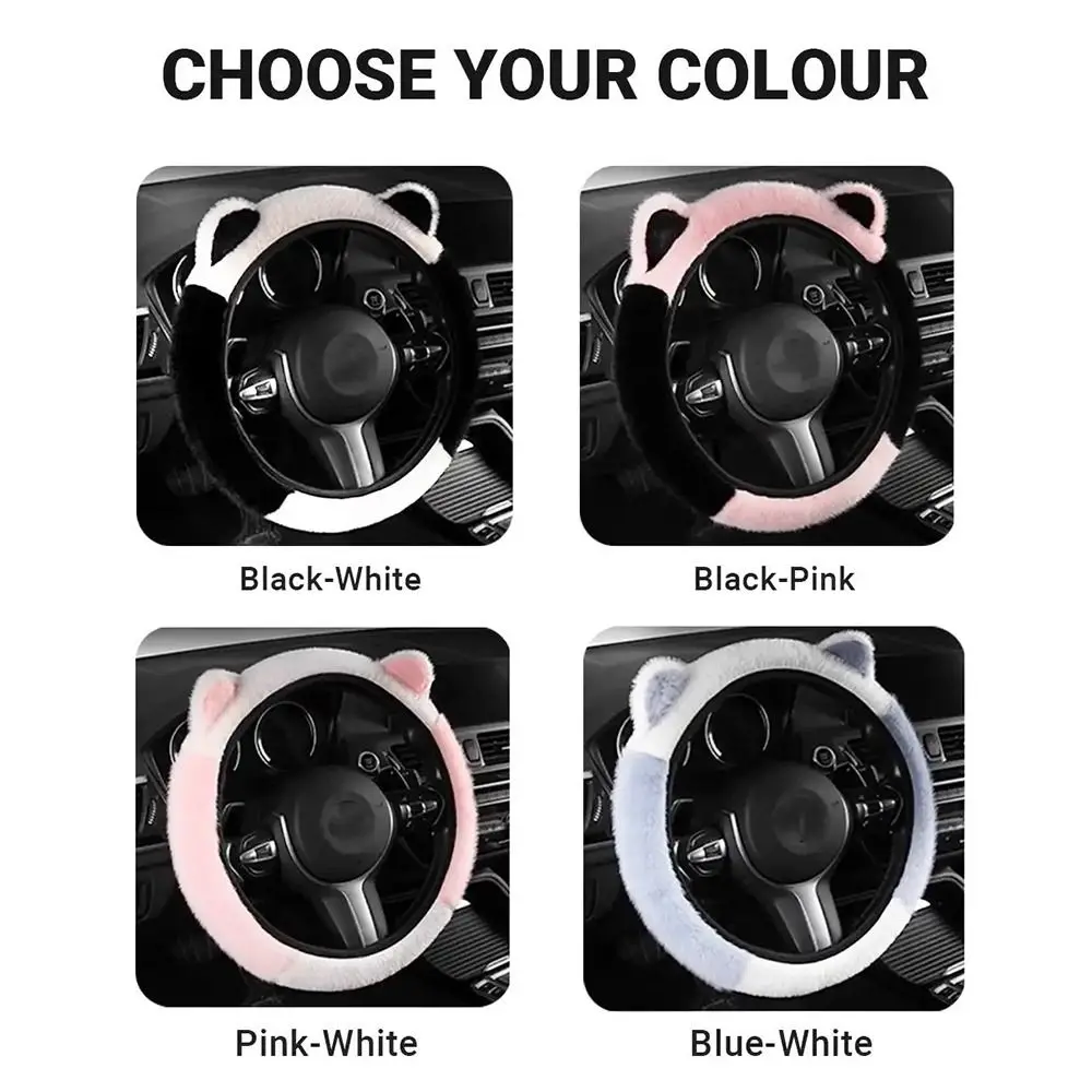 New Non-slip Steering Wheel Cover Soft Warm Plush Steering Cover Cute Stretchy Cat Ears Steering Wheel Cover for Car Steering