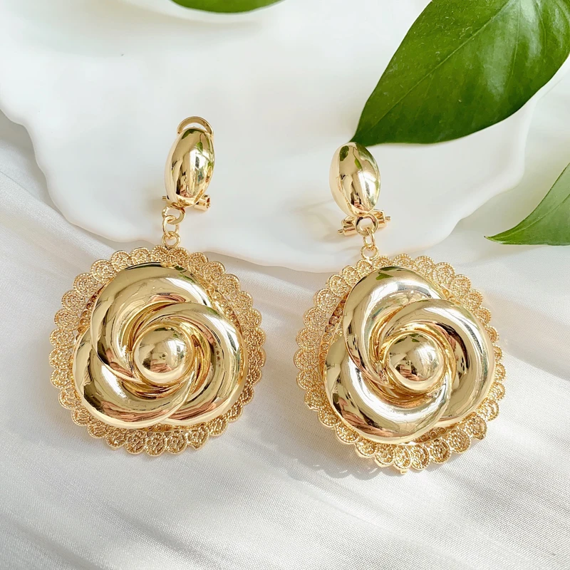 Women Trendy Clip Earrings Rose Flower Shape 18K Gold Plated Dubai Luxury Earrings For Women Wedding Party Anniversary Gift