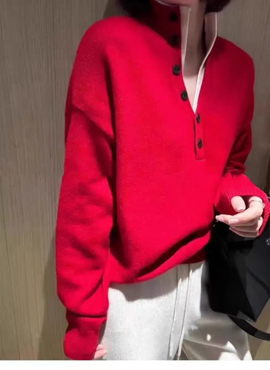 

Design sense semi-open collar wool sweater winter color matching fake two cashmere sweaters casual slim long-sleeved top