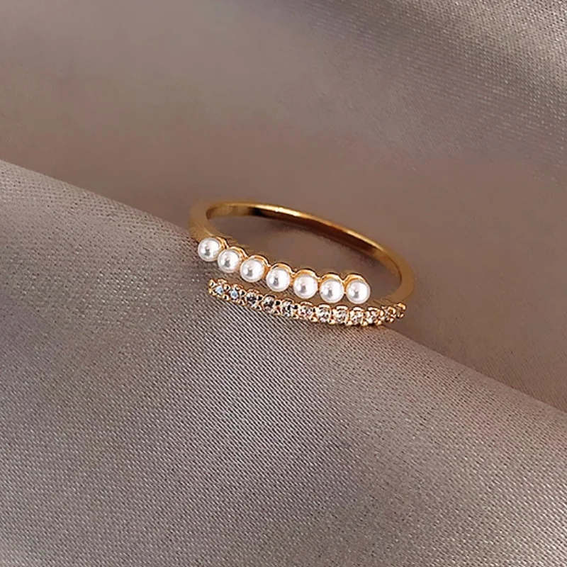 14K Gold Plated Simulated-pearl Beaded Ring for Women Statement Stackable Open Rings 2024 New Trendy Jewelry Accessory