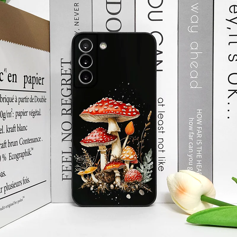 Whimsical Mushroom Collage Art Shockproof Silicone Phone Case - Soft Black Cover