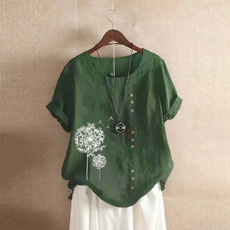 Women Floral Cotton Linen Blouse Summer Short Sleeve