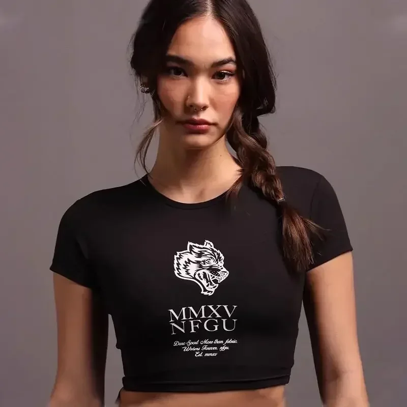 High Quality Wolf Head Ladies Sports Skinny Short Sleeve Running Fitness Yoga Short High Elastic Quick Drying Printed T-Shirt 2
