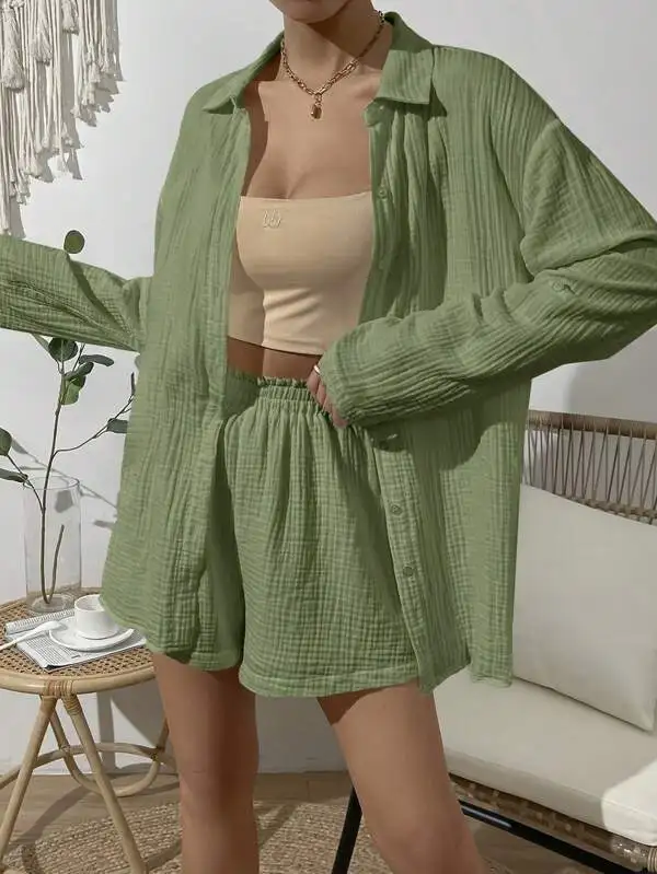 thumbnail image 1 of Conjunto de pantalones cortos sólidos de moda 2024, traje de verano para mujer, conjunto informal holgado de dos piezas para mujer, ropa de mujer, 1 of 5