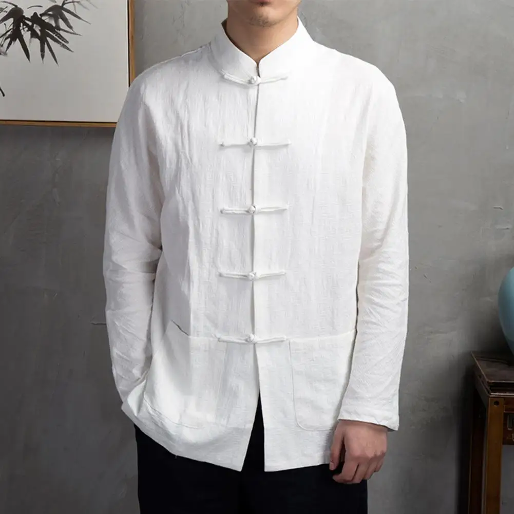 

Lightweight Breathable Men Shirt Traditional Chinese Style Men's Shirt with Mandarin Collar Long Sleeves Pockets Kung for Autumn