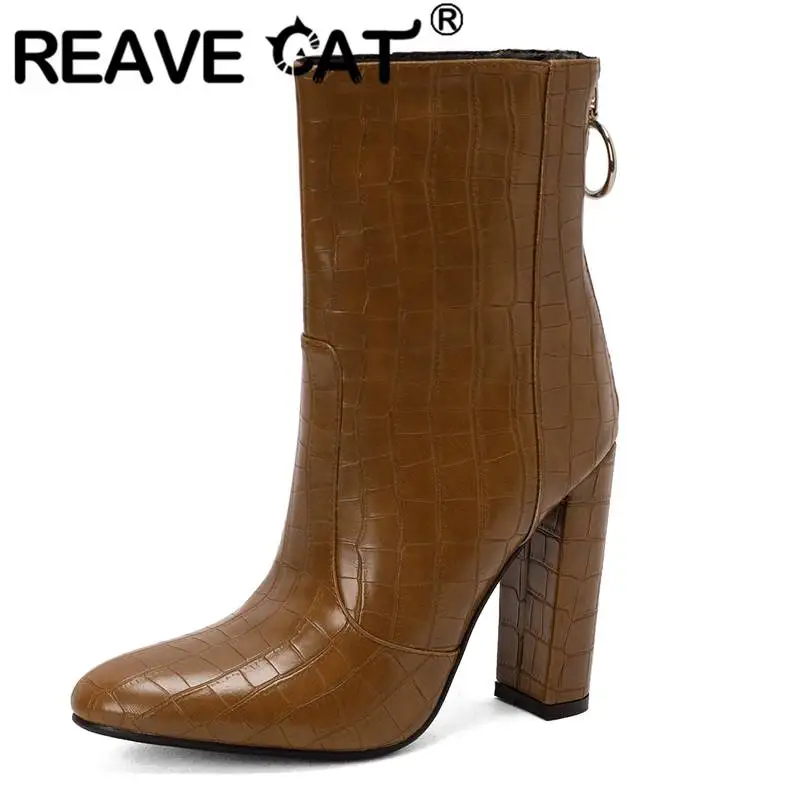 

REAVE CAT Brand Shoe Woman Mid Calf Boots 15cm Block Super High Heel 11cm Round Toe Zipper Plaid Big Size 43 Concise Party Booty