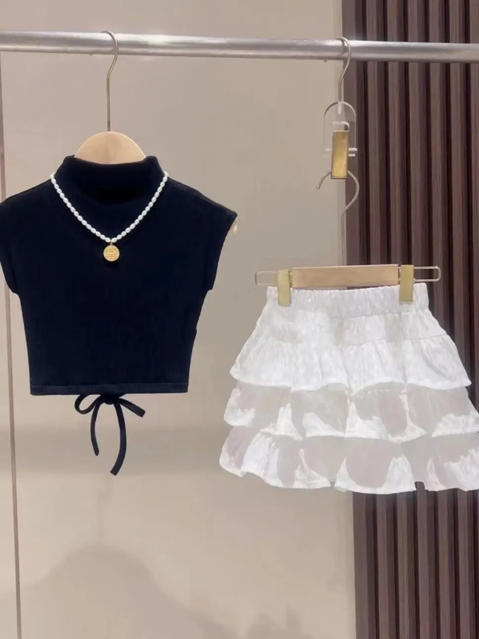 

WM60804 New summer girls' suit, navy blue hollow sleeveless top + cake skirt, fashionable and casual children's suit