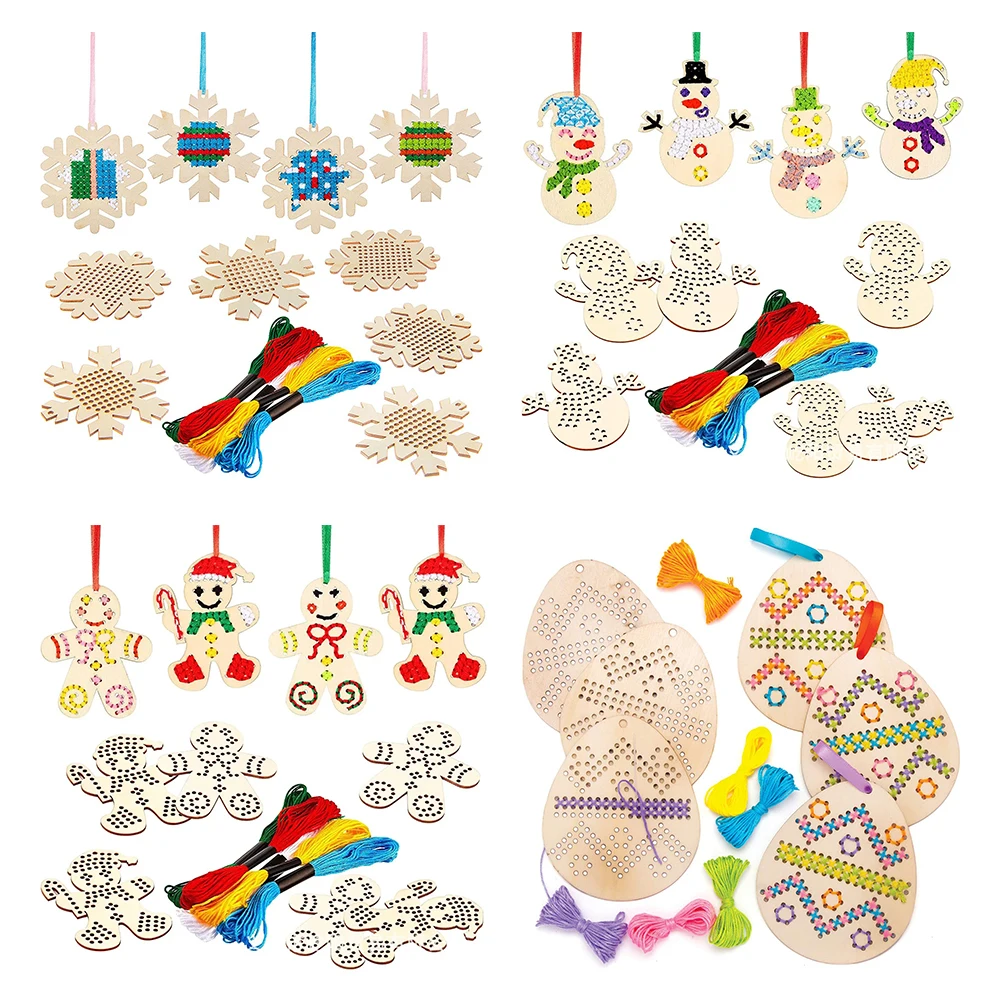 Cross Stitch Hanging Pendant Snowflake DIY Needlework Art Pendant Kit Wooden Ornaments Making Kit for Home Xmas Tree Decor