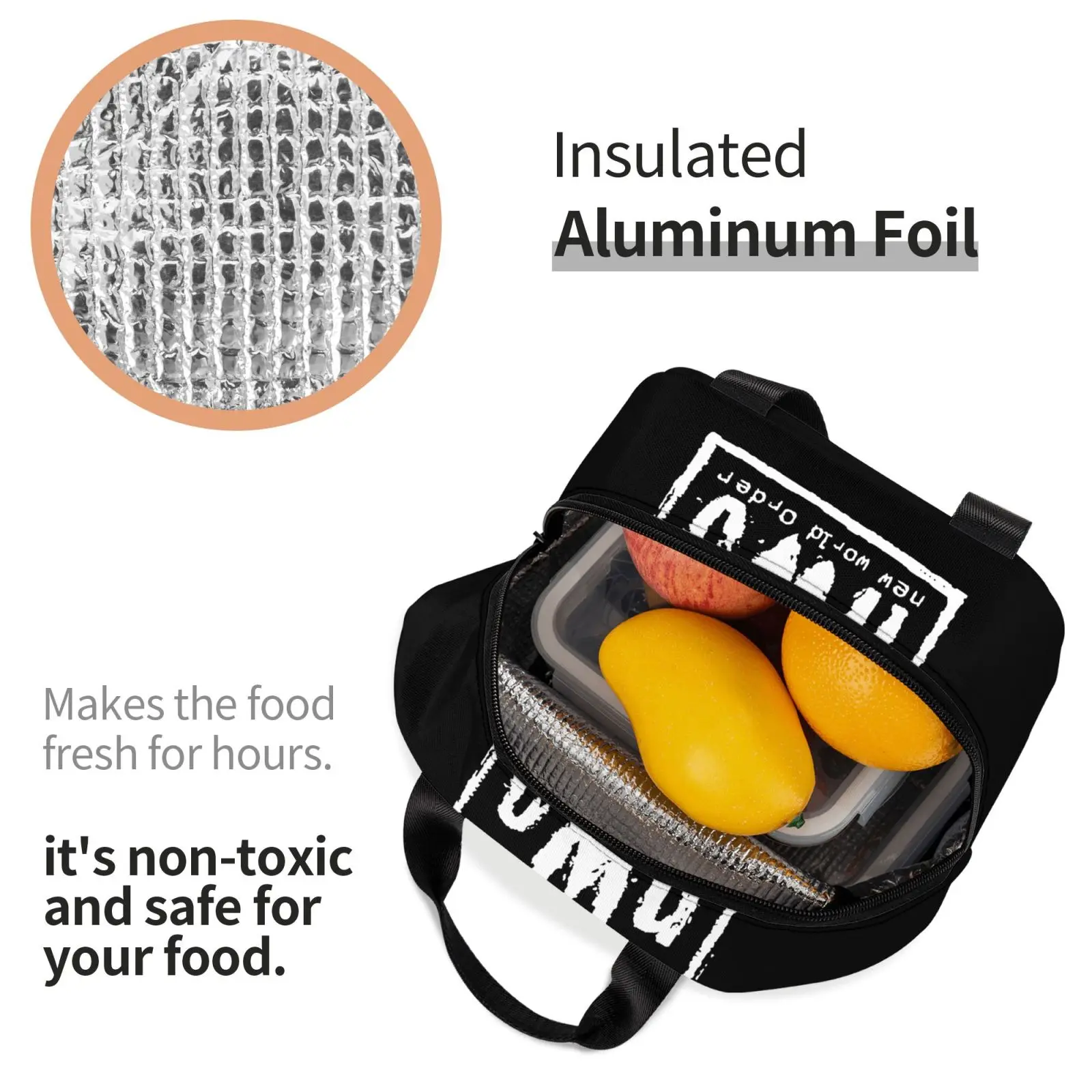 뉴 월드 오더 프린트 점심 가방 여성 휴대용 쿨러 열 절연 도시락 상자 어린이 학교 다기능 음식 도시락 상자