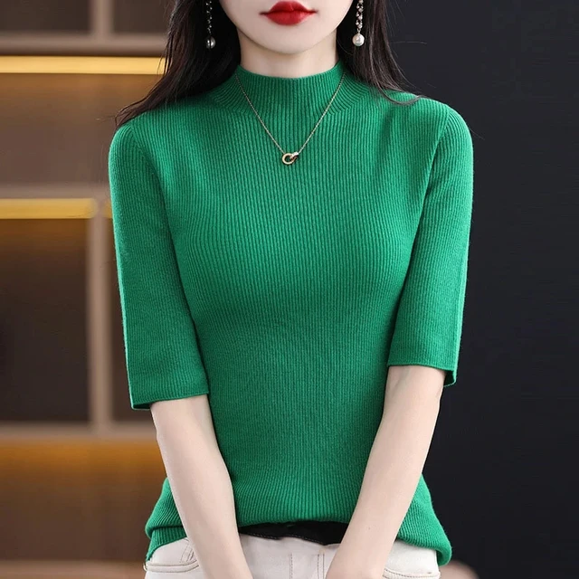 2024 Spring Summer New Women Korean Pullover Sweaters Short Sleeves O-Neck Bottoming Shirt Knitwear Sweater Female Jumper 1