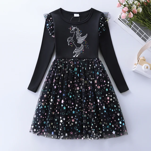 Girls' Christmas Unicorn Printed Mesh Cotton Dress LH1709