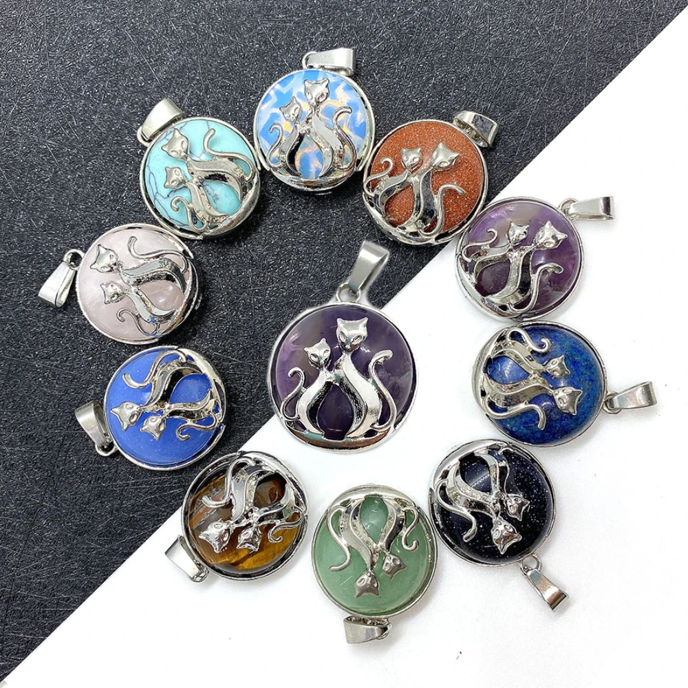 

Zinc Alloy Inlaid Natural Stone Opal Pendant 22x26mm Kitten Pattern Amethyst Charm Jewelry DIY Necklace Bracelet Accessories