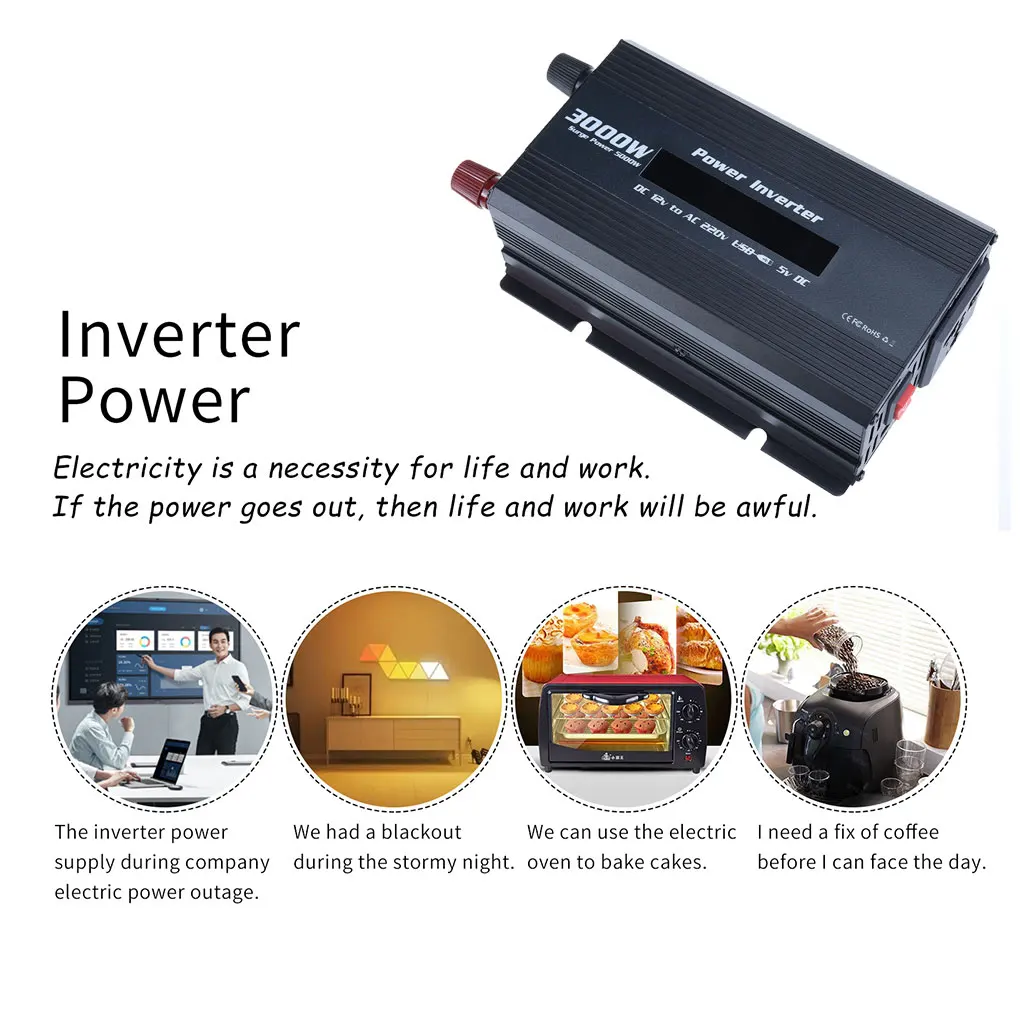 Sine Wave Car Inverter DC 12V to AC 220V Screen Display Short Circuit Protection Built-in Fan Automobile Converter Red/Black