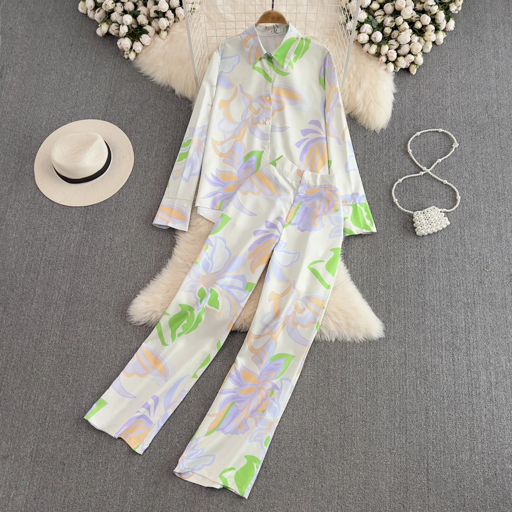 

Celebrity Temperament Single-breasted Long-sleeved Printed Shirt Two-piece Casual High-waisted Vertical Straight-leg Pants