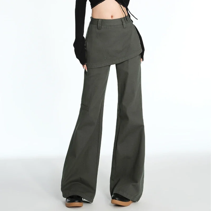 Plus Size Fake Two-Piece Fart Curtain Retro Jeans 2025 Spring Autumn Micro-Pull Cargo Slimming Straight Stacked Wide-Leg Pants