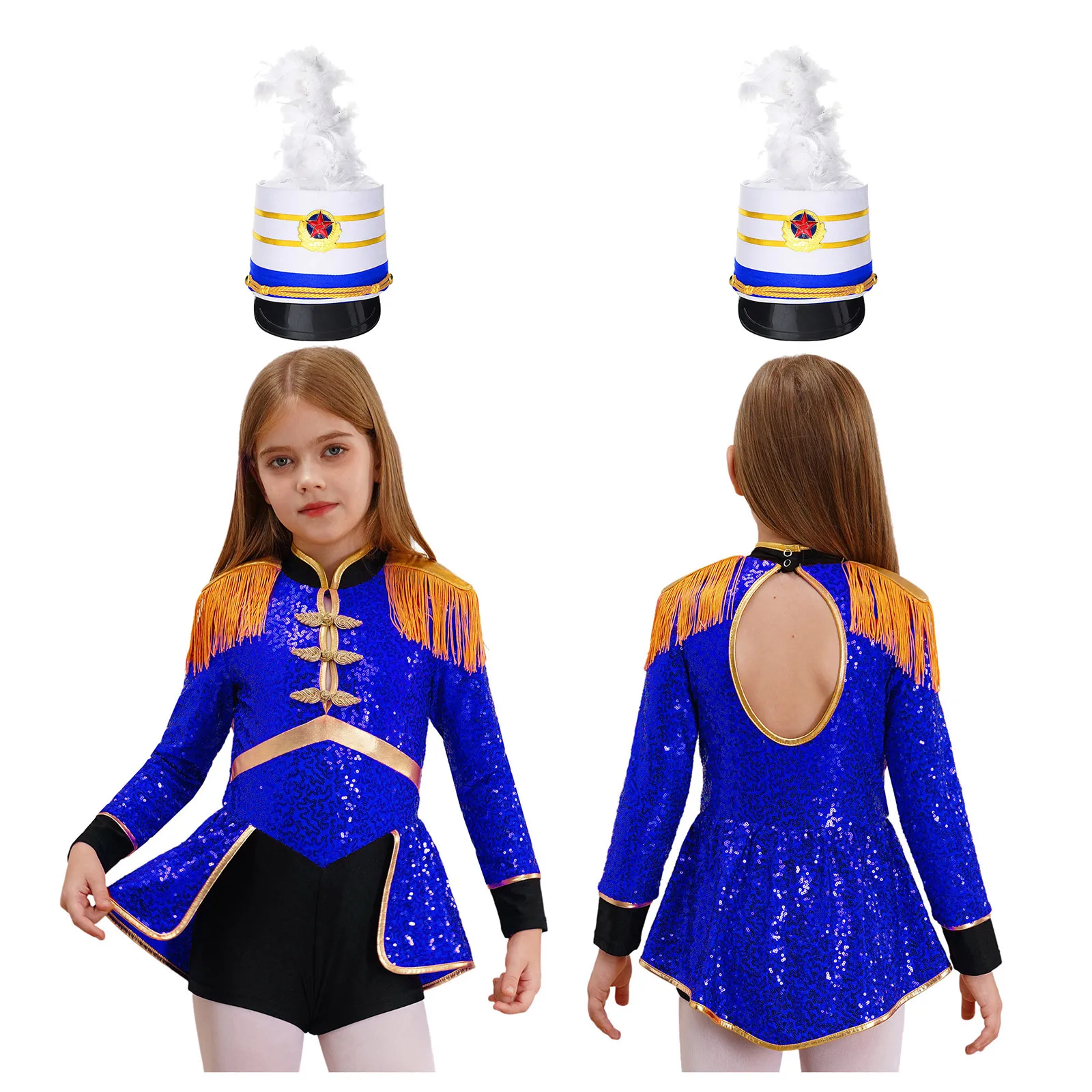 thumbnail image 1 of Disfraz de mago para niños y niñas, traje de Cosplay de mago, baterista de circo, Charretera con flecos, mono de lentejuelas con Mini sombrero de copa, sombrero de equipo de tambor, 1 of 5