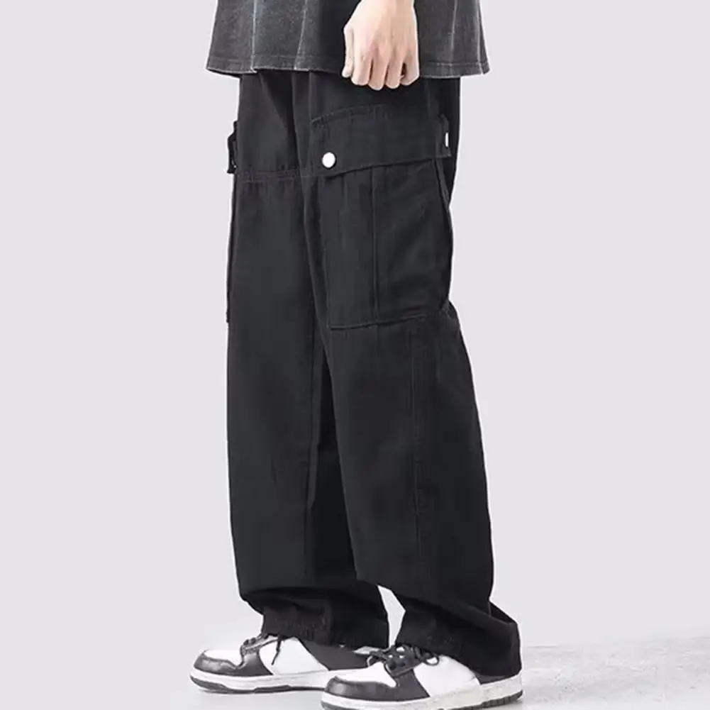 

Reinforced Pocket Seams Retro Wide Leg Cargo Pants with Multi Pockets for Men Breathable Streetwear Trousers Solid Colors Loose