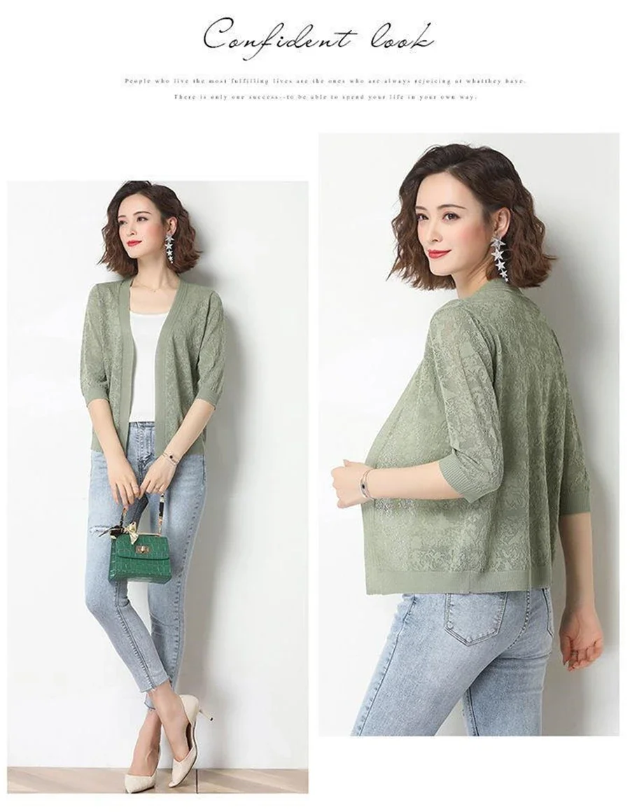 Summer Oversized Knit Cardigan Jackets Half Sleeve Lace Knitwears Coats Korean Elegant Trendy Hollow Out Sunscreen Tops