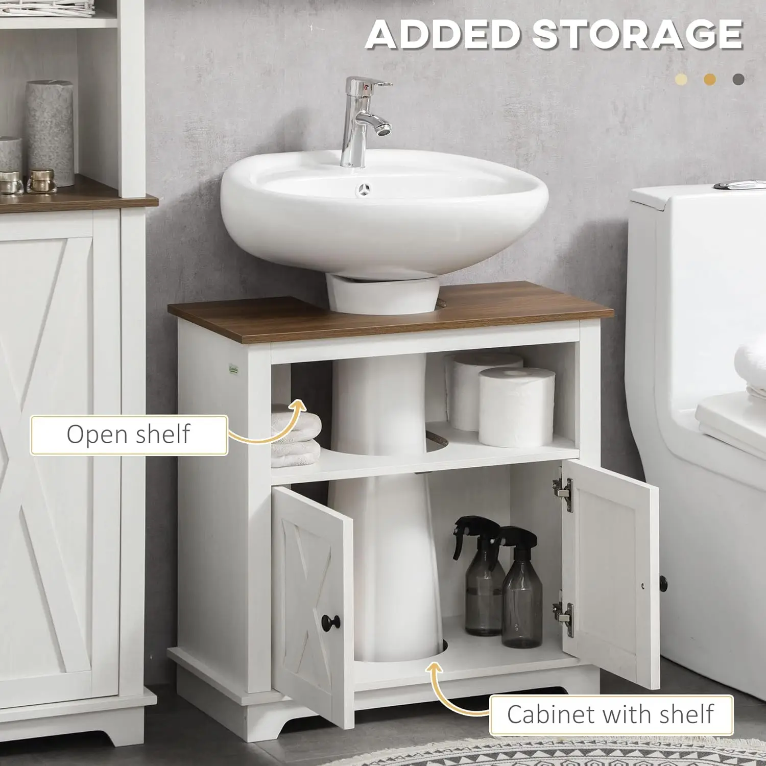 Farmhouse Under Sink Bathroom Cabinet, Pedestal Vanity Storage Cabinet with Double Doors and Storage Shelves, Bathroom Organizer 5