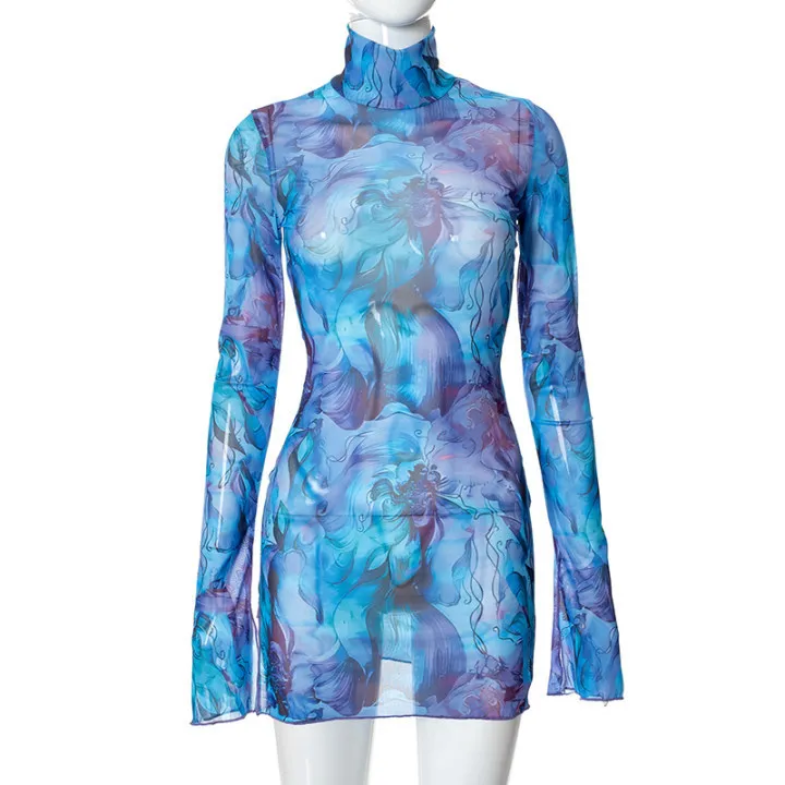 Mesh printed round neck flared sleeve side opening hip hugging dress European American women's summer collection