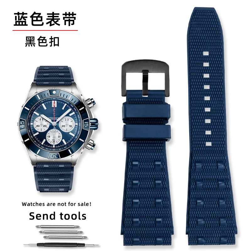 Premium Rubber Watch Strap - Durable Fluororubber in Black & Blue, 22mm/24mm