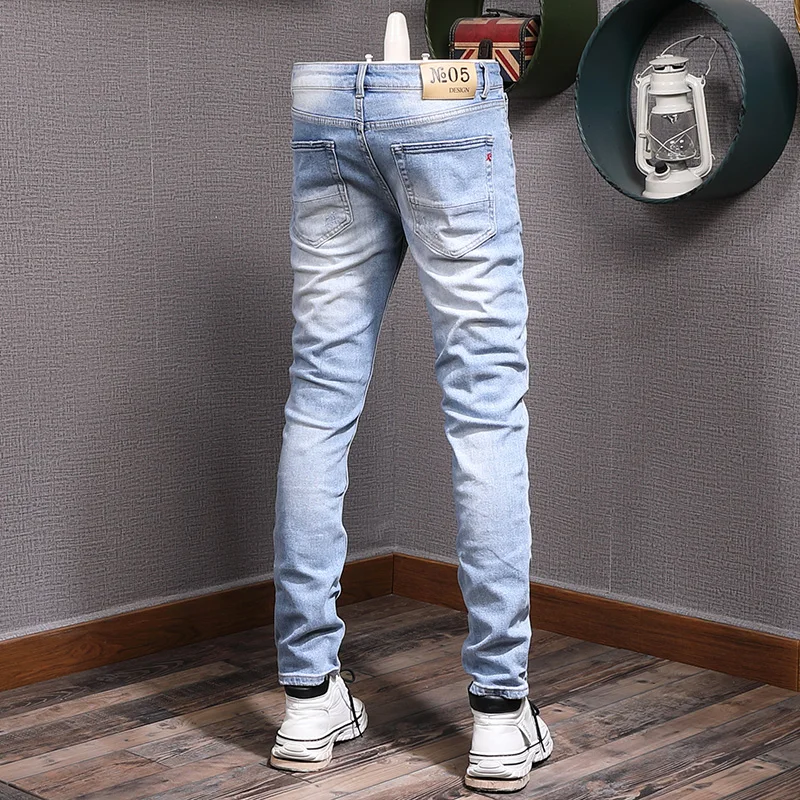 Men Jeans Retro Blue Elastic Slim Fit 