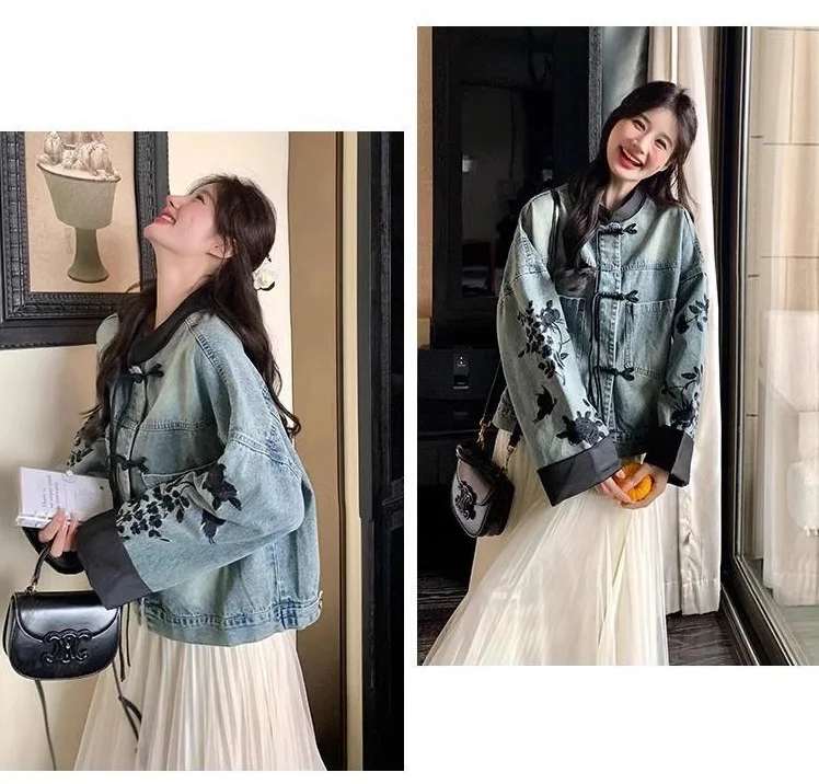 Chic Denim Jacket Women's Outwear 2026 Spring Autumn New Chinese Loose Embroidered Plus Size 3XL Jeans Short Coat Tops